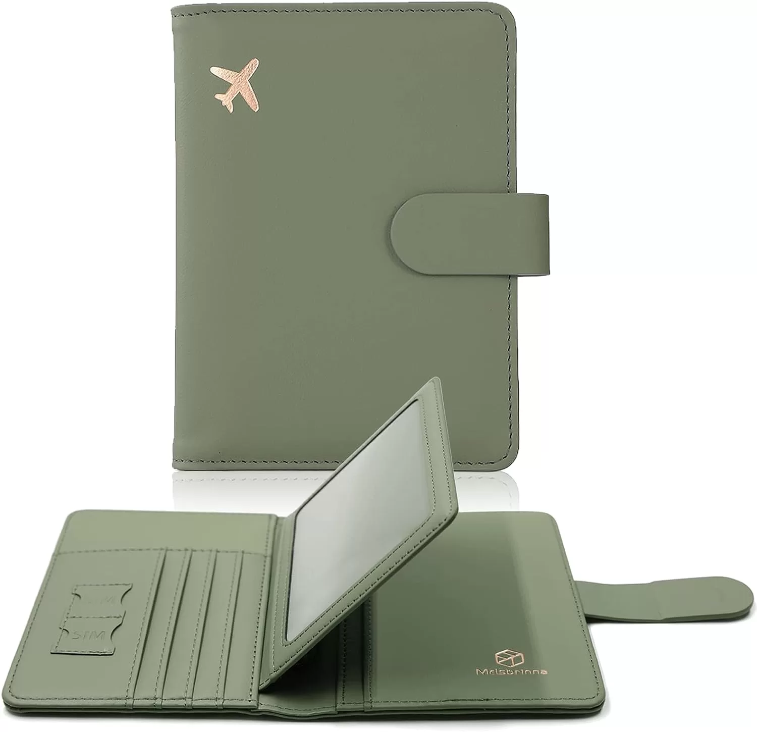 Green passport holder with various compartments for id, cards, sim cards, etc.