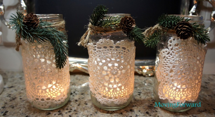 tea light lanterns with modge podged doilies 