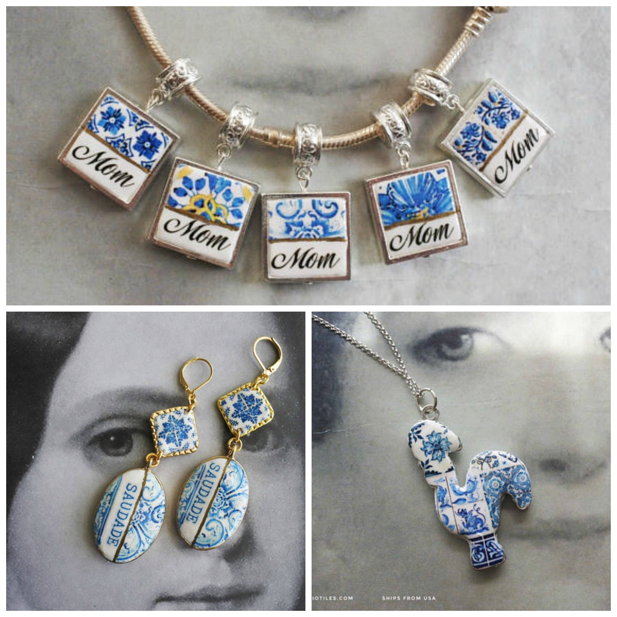 Azulejo tiles with 'mom' written on a bracelet, top. Saudade oval earrings on the left. Galo shaped azulejo tile necklace, on the right. 