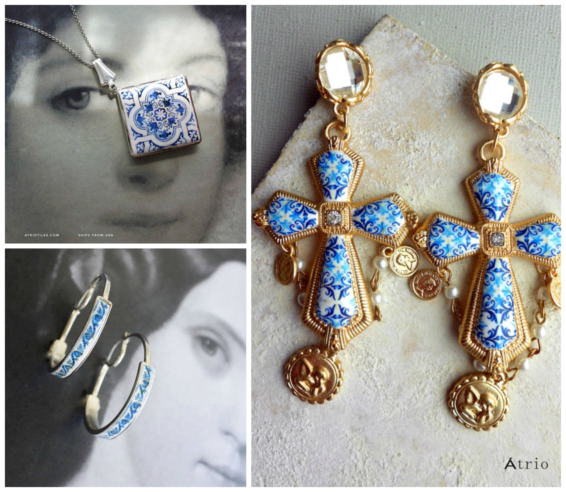 Azulejo tile necklace, top left. Hoop earring with azulejo tile design, bottom left. Azulejo crosses earring, right.