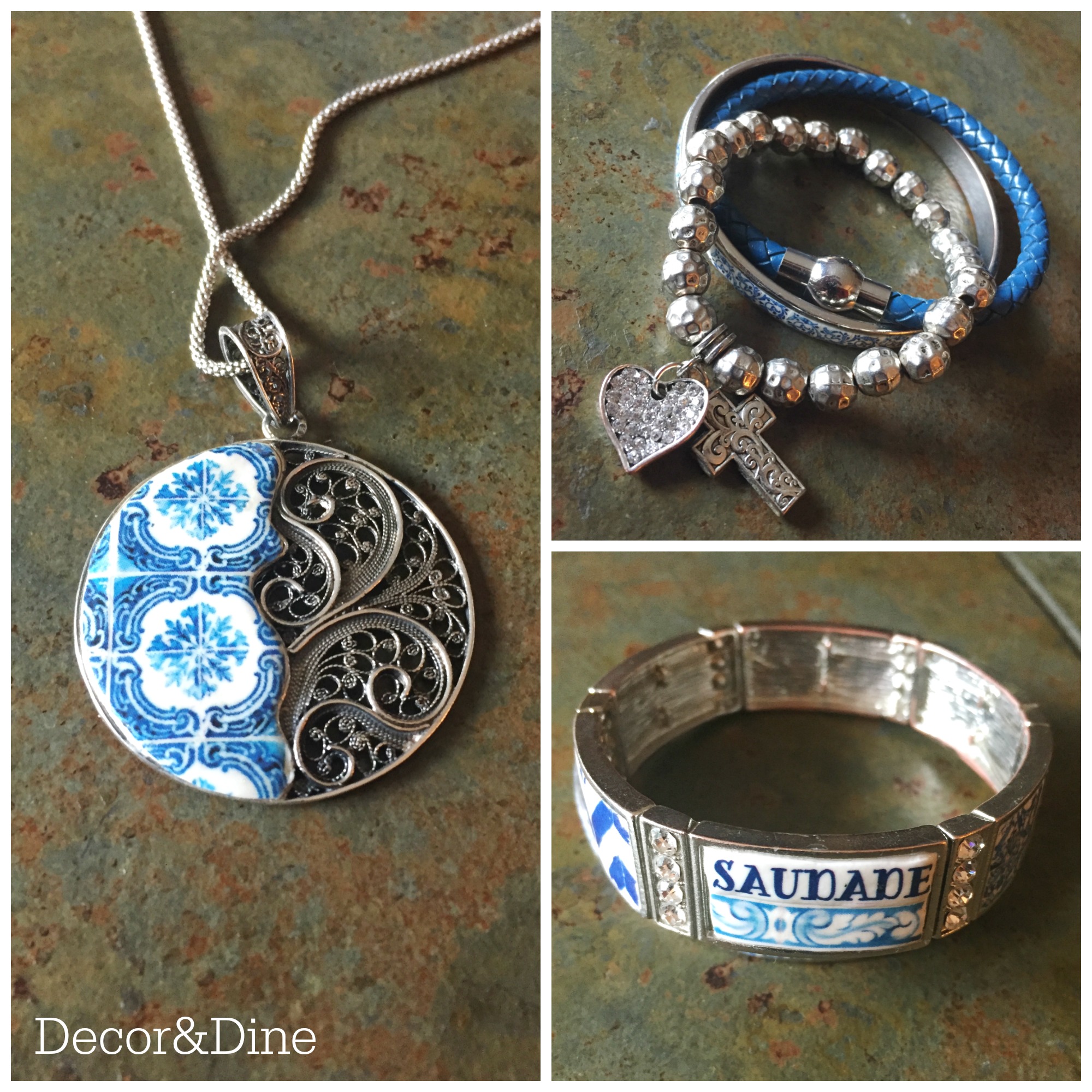 A round necklace that if half tile and half filigree on the left. Top right, 3 bracelets. Bottom right, a thick bangle with azulejo style tilework that says 'Saudade'.