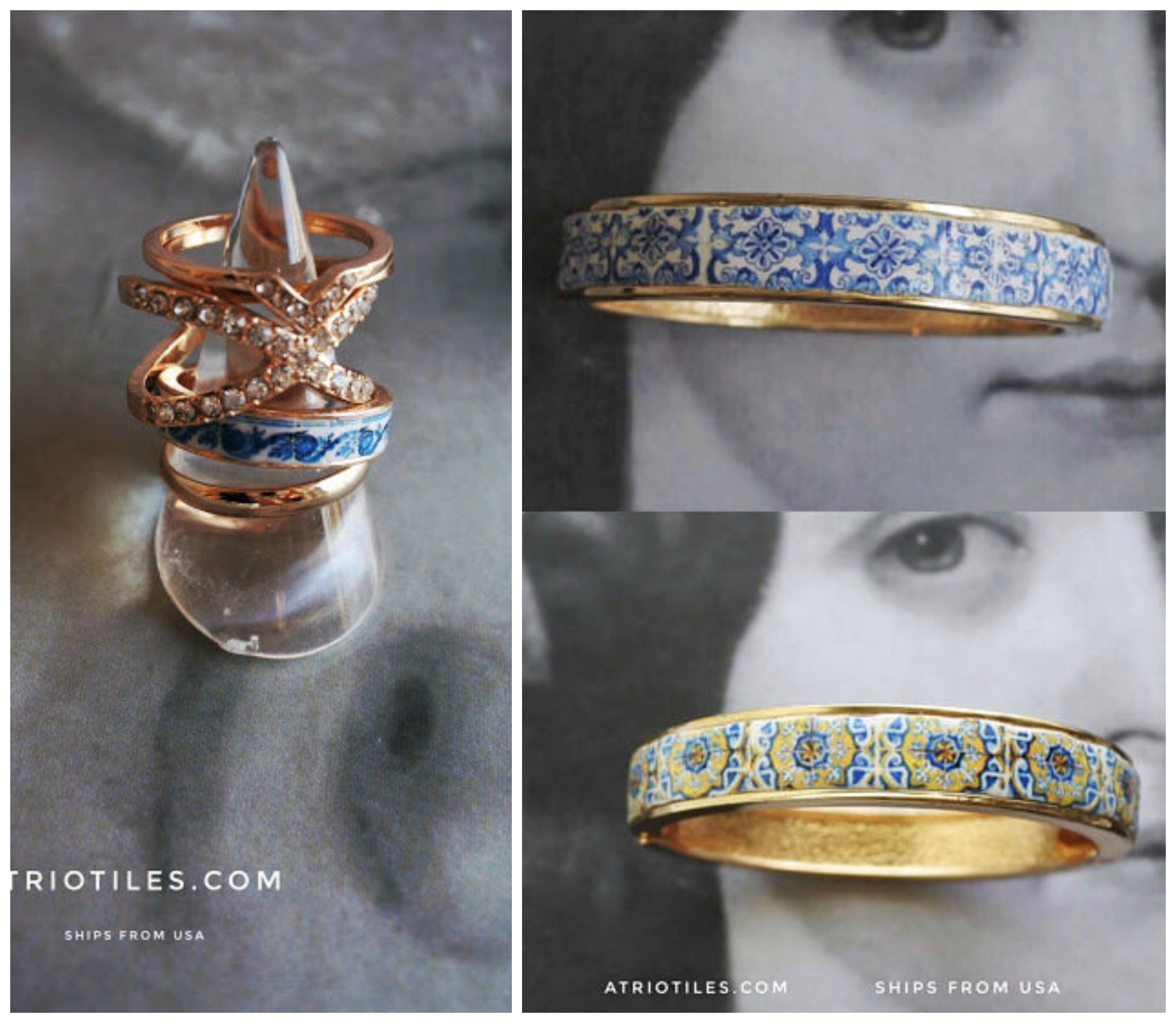 stackable rings on the left. Two bangle designs of different azulejo patterns on the right.