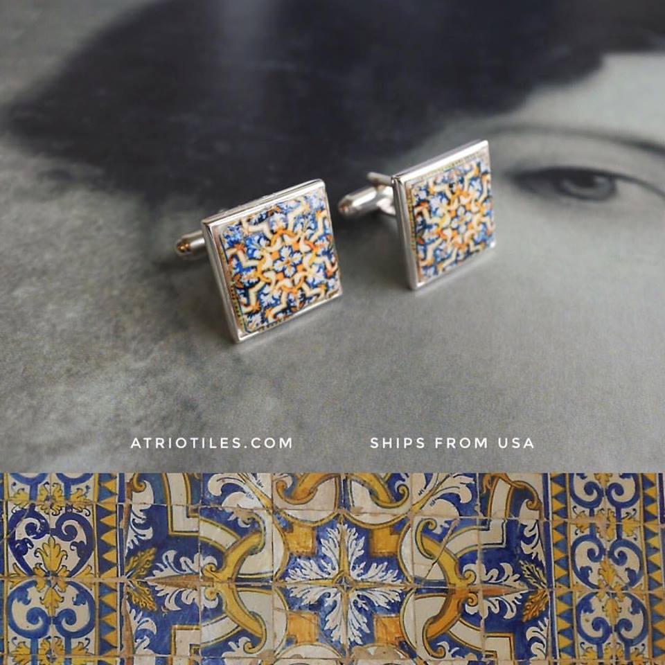 yellow and blue azulejo design on cuff links.