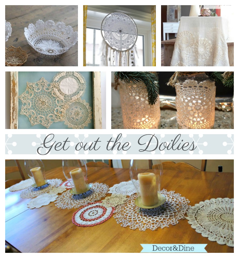 Collage of various doily diy crafts