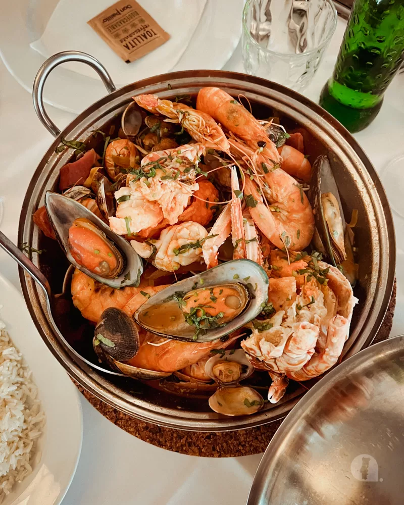 seafood cataplana with mussels, crab, shrimp, etc.